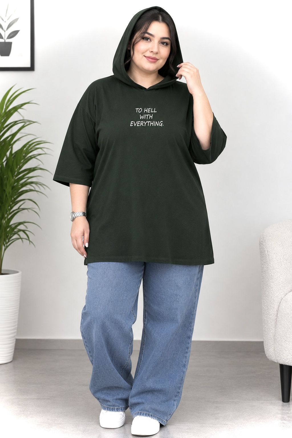 بیگ لانگ کلاهدار زنانه 5XL قواره دار آستین سه رب جنس نخپنبه سوپر اعلاء طرح اسپرت