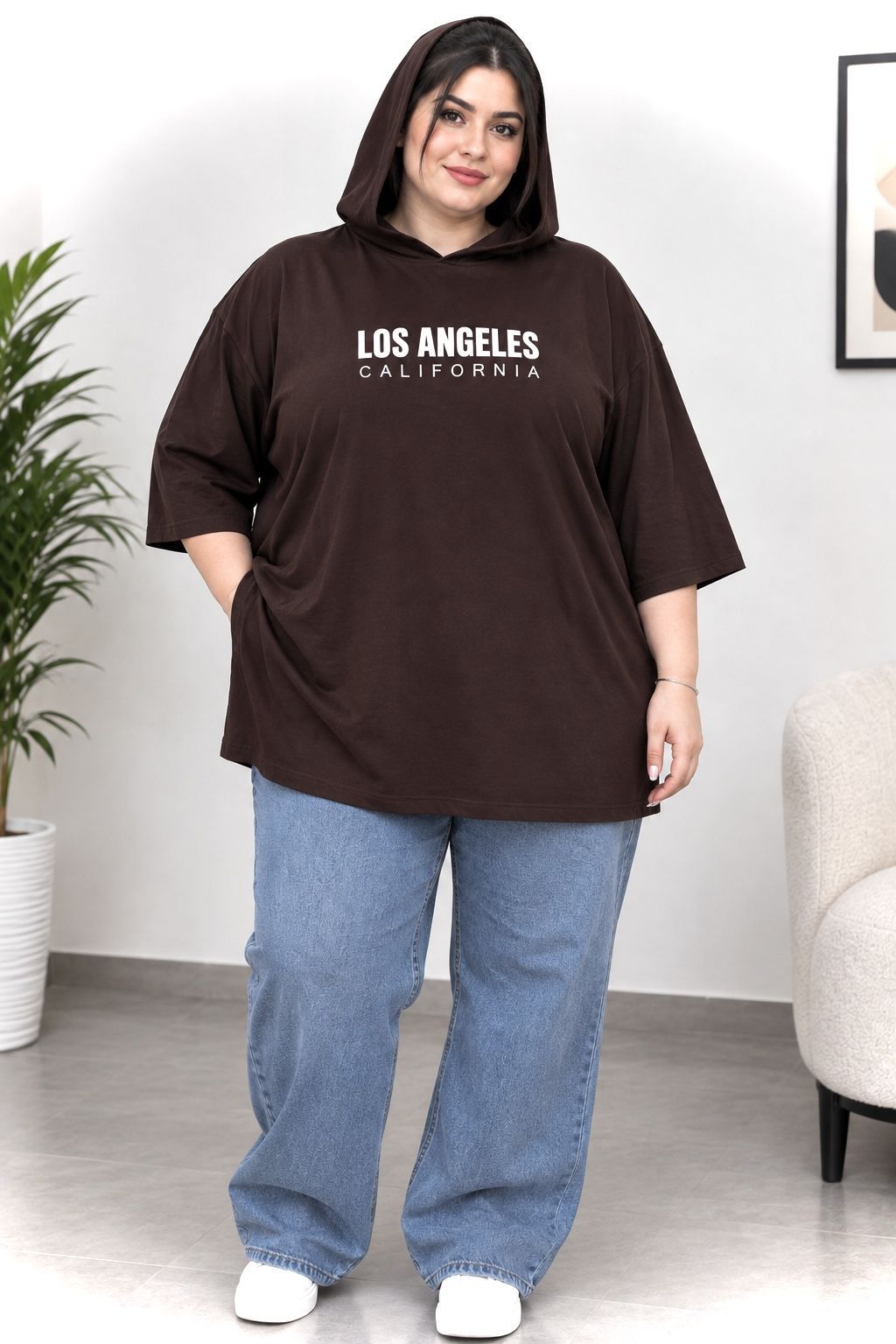 بیگ لانگ کلاهدار زنانه 5XL قواره دار آستین سه رب جنس نخپنبه سوپر اعلاء طرح نوشته los anjeles