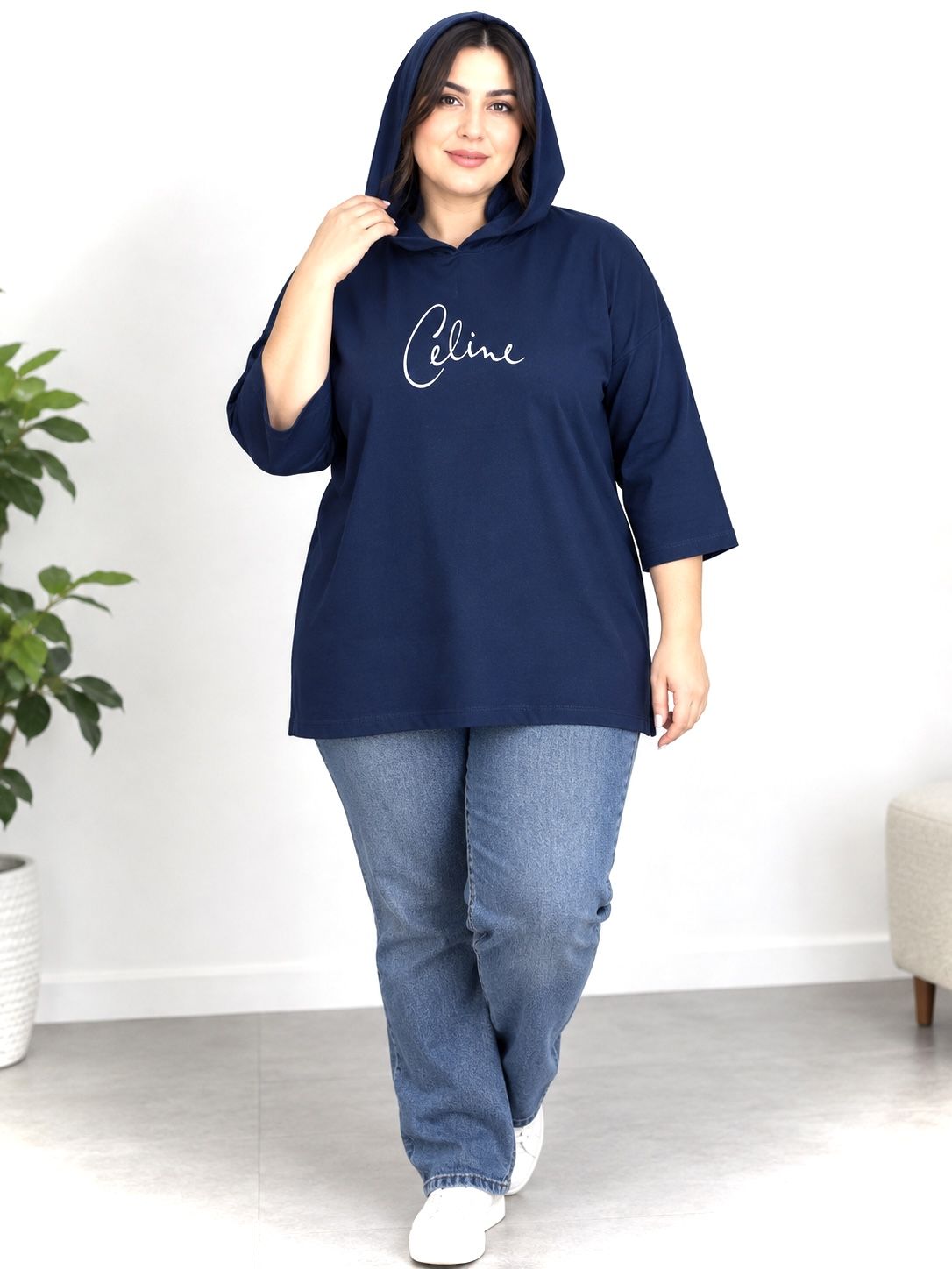 بیگ لانگ کلاهدار زنانه 5XL قواره دار آستین سه رب جنس نخپنبه سوپر اعلاء طرح اسپرت۲